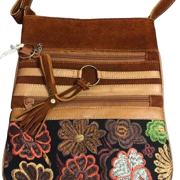 Terra Suede Floral Embriodered Shoulder Bag With Adjustable Strap. NWT - Picture 2 of 7